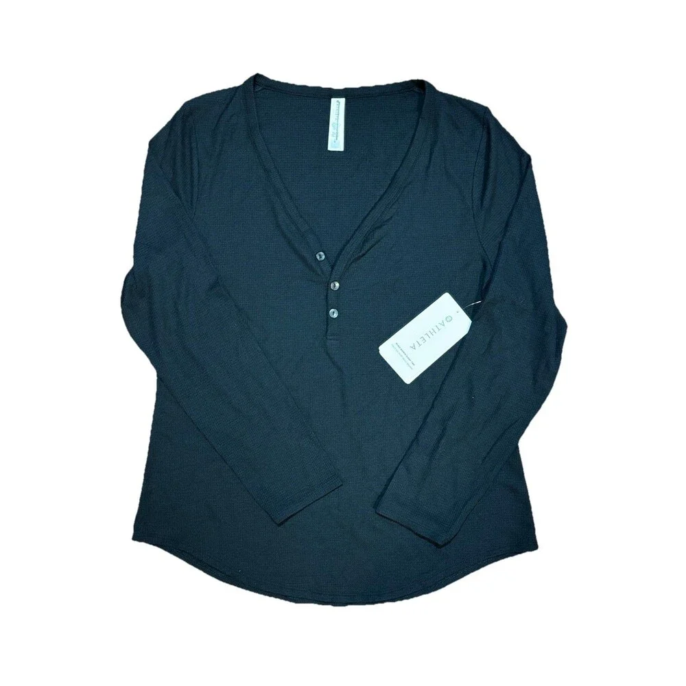 Athleta Wind Down Waffle Knit V Neck Modal Soft Sleep Top Black Sz L NWT - Picture 1 of 6